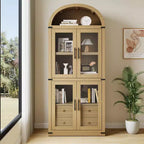 Coolmee Étagère bibliothèque cintrée avec portes et tiroirs, étagères de rangement style ferme, armoire de présentation en bois de 181 cm de hauteur, bibliothèques arrondies