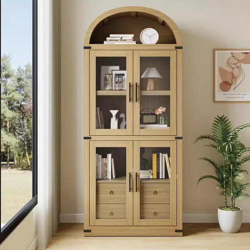Coolmee Étagère bibliothèque cintrée avec portes et tiroirs, étagères de rangement style ferme, armoire de présentation en bois de 181 cm de hauteur, bibliothèques arrondies