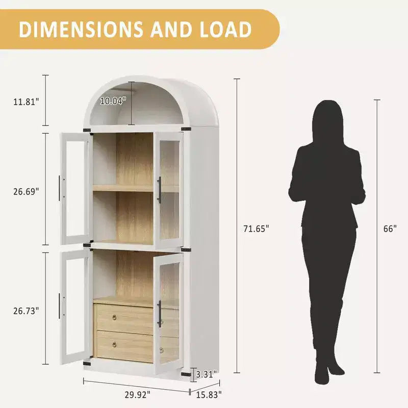 Coolmee Étagère bibliothèque cintrée avec portes et tiroirs, étagères de rangement style ferme, armoire de présentation en bois de 181 cm de hauteur, bibliothèques arrondies