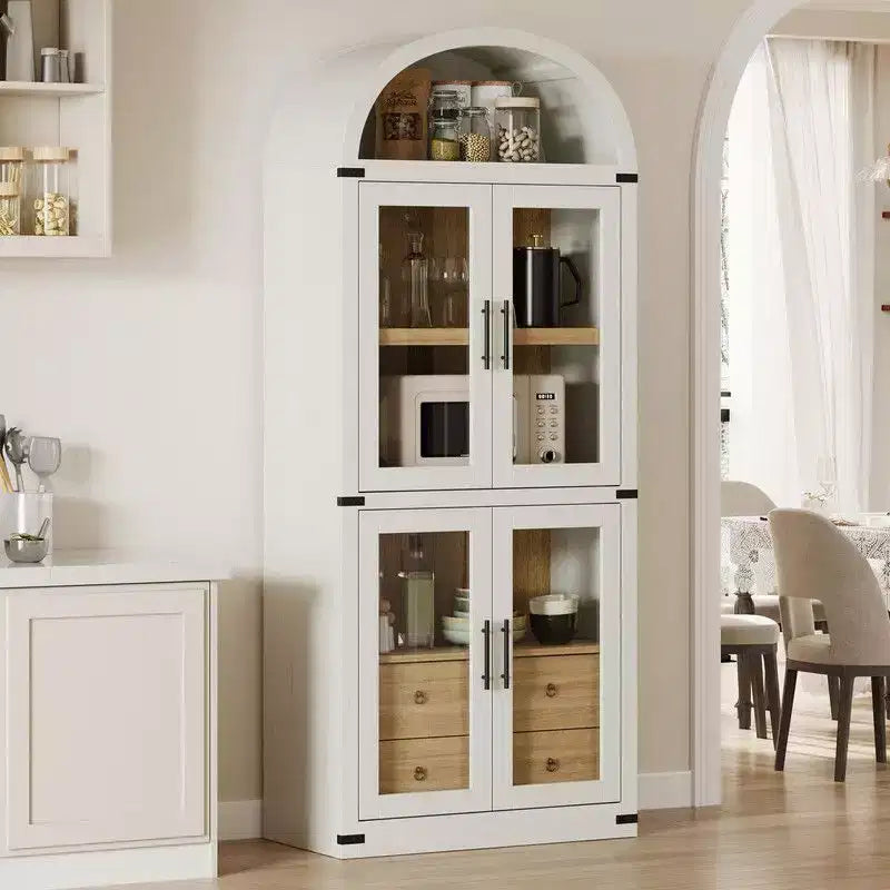 Coolmee Étagère bibliothèque cintrée avec portes et tiroirs, étagères de rangement style ferme, armoire de présentation en bois de 181 cm de hauteur, bibliothèques arrondies