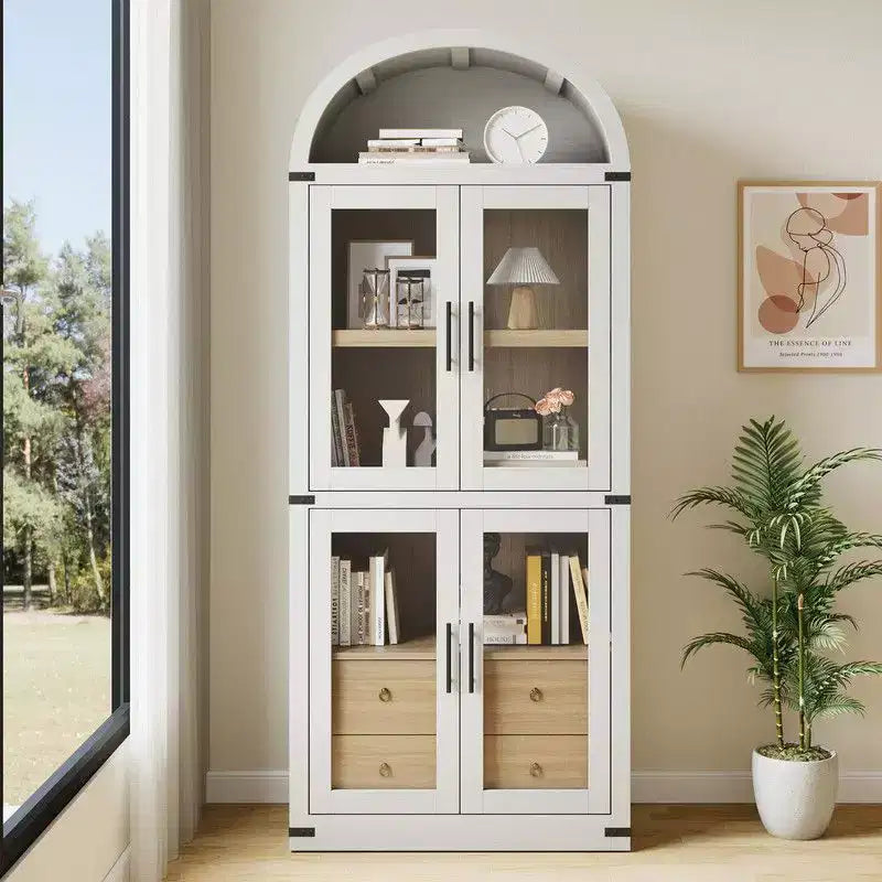 Coolmee Étagère bibliothèque cintrée avec portes et tiroirs, étagères de rangement style ferme, armoire de présentation en bois de 181 cm de hauteur, bibliothèques arrondies