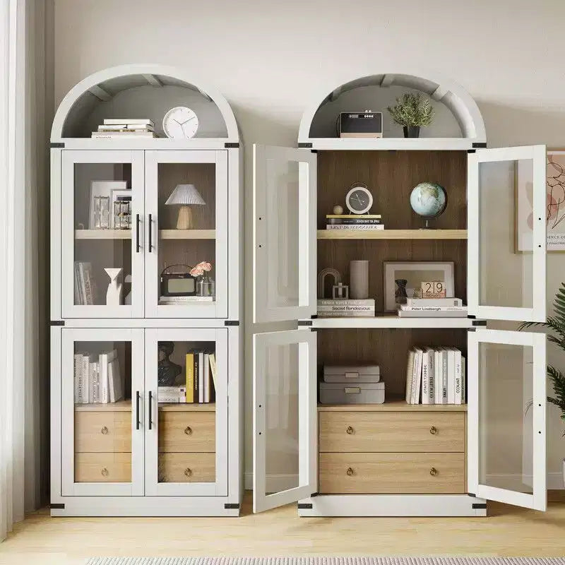 Coolmee Étagère bibliothèque cintrée avec portes et tiroirs, étagères de rangement style ferme, armoire de présentation en bois de 181 cm de hauteur, bibliothèques arrondies