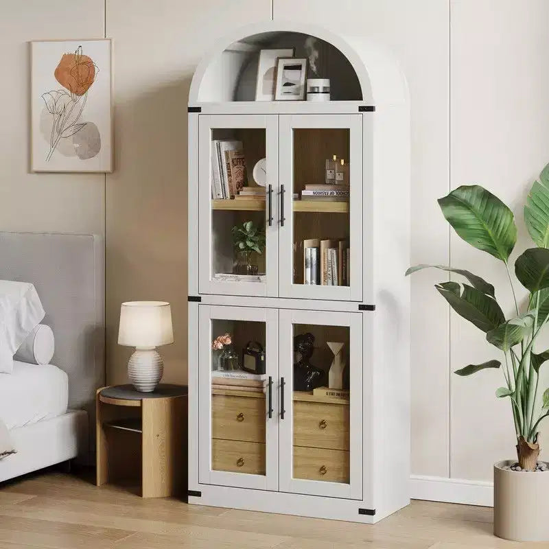 Coolmee Étagère bibliothèque cintrée avec portes et tiroirs, étagères de rangement style ferme, armoire de présentation en bois de 181 cm de hauteur, bibliothèques arrondies