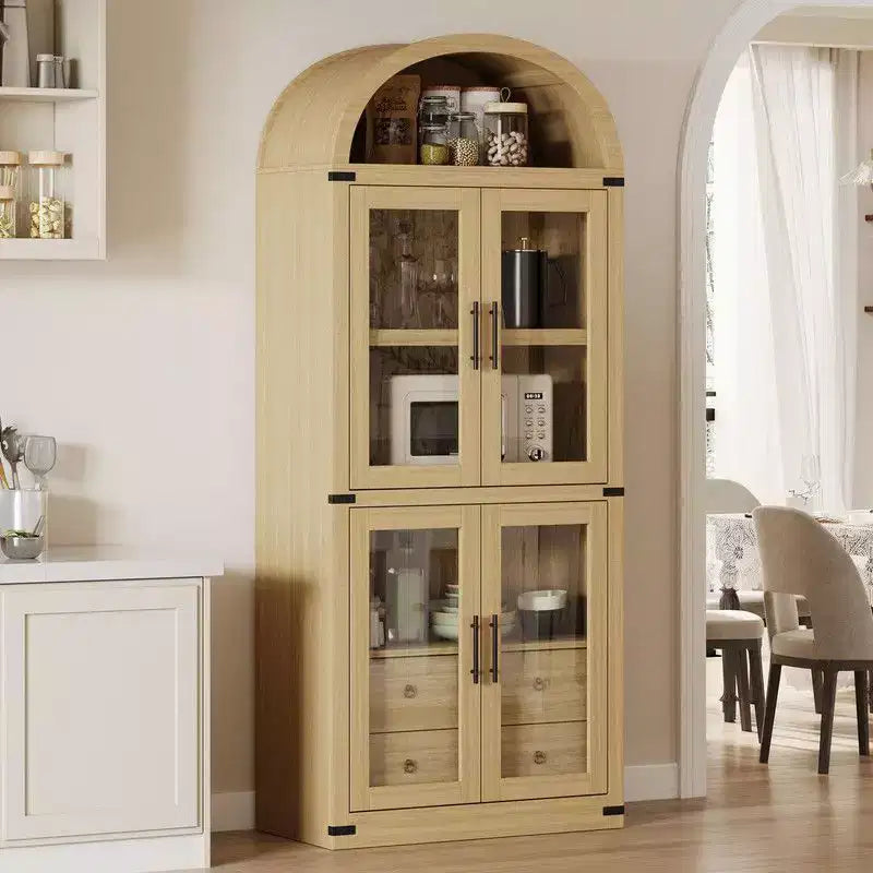 Coolmee Étagère bibliothèque cintrée avec portes et tiroirs, étagères de rangement style ferme, armoire de présentation en bois de 181 cm de hauteur, bibliothèques arrondies