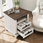 Farmhouse Nightstand with Charging Station, Rustic End Table with Drawers and Open Storage Shelf, Bedside Table for Bedroom, Living Room, Brown+White
