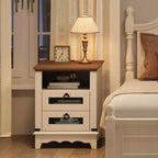 Table de chevet rustique avec station de charge, table d'appoint avec tiroirs et étagère de rangement ouverte, table de chevet pour chambre à coucher, salon, marron+blanc