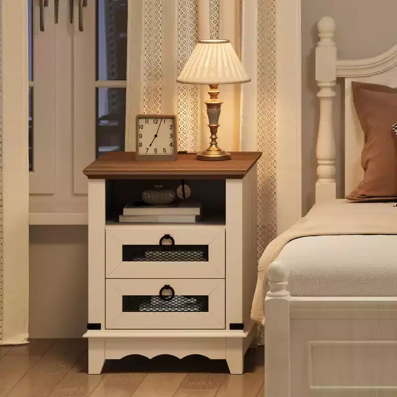 Table de chevet rustique avec station de charge, table d'appoint avec tiroirs et étagère de rangement ouverte, table de chevet pour chambre à coucher, salon, marron+blanc