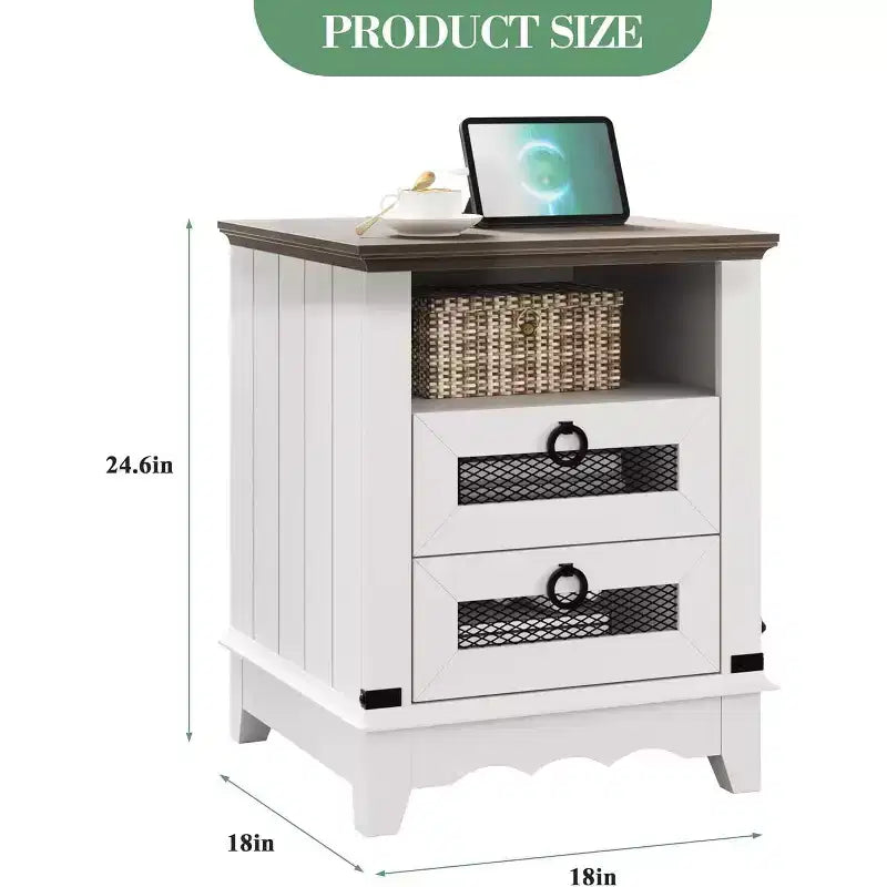 Table de chevet rustique avec station de charge, table d'appoint avec tiroirs et étagère de rangement ouverte, table de chevet pour chambre à coucher, salon, marron+blanc