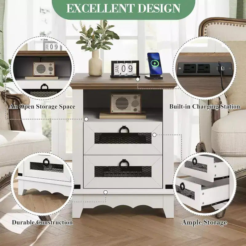 Table de chevet rustique avec station de charge, table d'appoint avec tiroirs et étagère de rangement ouverte, table de chevet pour chambre à coucher, salon, marron+blanc