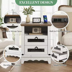 Table de chevet rustique avec station de charge, table d'appoint avec tiroirs et étagère de rangement ouverte, table de chevet pour chambre à coucher, salon, marron+blanc