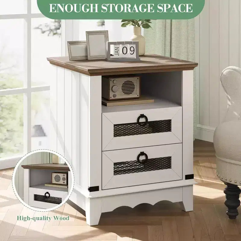 Table de chevet rustique avec station de charge, table d'appoint avec tiroirs et étagère de rangement ouverte, table de chevet pour chambre à coucher, salon, marron+blanc