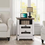 Table de chevet rustique avec station de charge, table d'appoint avec tiroirs et étagère de rangement ouverte, table de chevet pour chambre à coucher, salon, marron+blanc