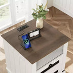 Table de chevet rustique avec station de charge, table d'appoint avec tiroirs et étagère de rangement ouverte, table de chevet pour chambre à coucher, salon, marron+blanc