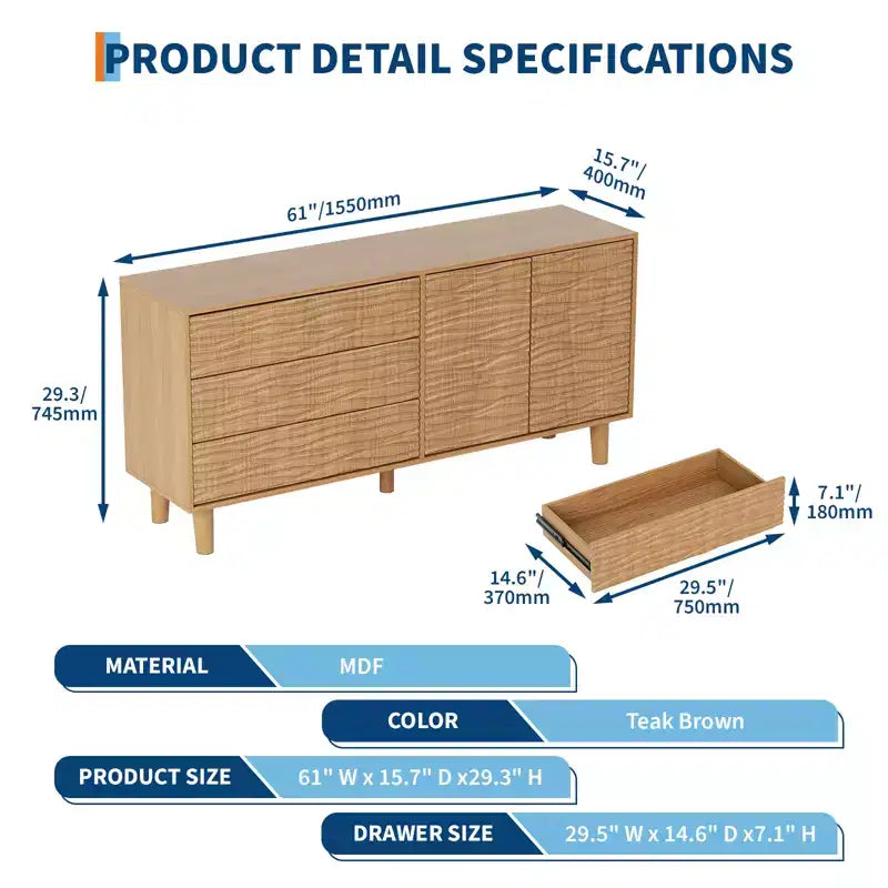 COZONY 61 Mid-Century Modern Sideboard Buffet, Natural Wood Cabinet with 3 Drawers & 2 Doors, Undulating Groove Design with Adjustable Shelf
