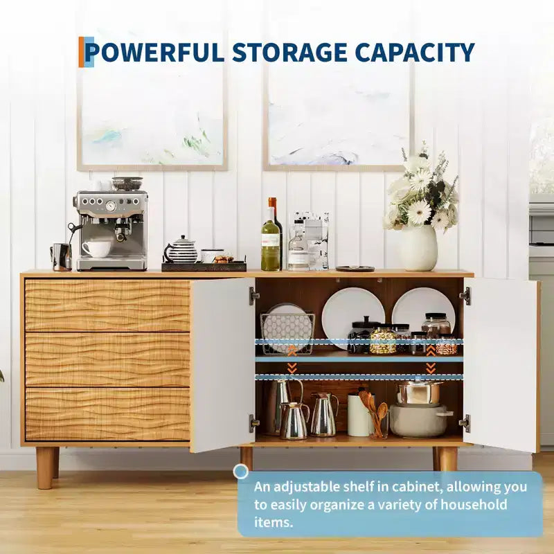COZONY 61 Mid-Century Modern Sideboard Buffet, Natural Wood Cabinet with 3 Drawers & 2 Doors, Undulating Groove Design with Adjustable Shelf