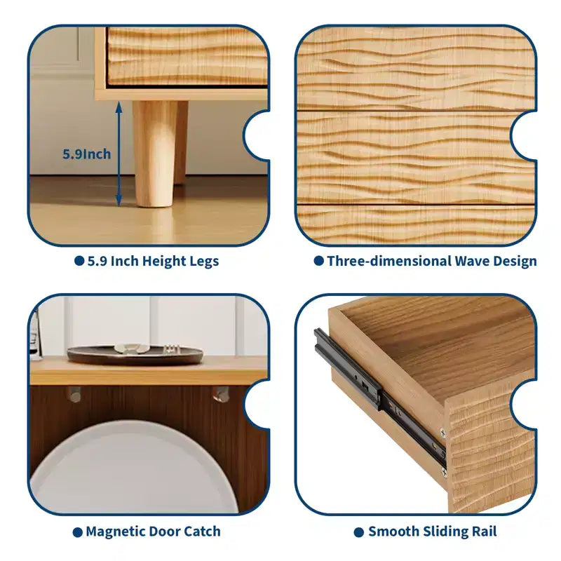 COZONY 61 Mid-Century Modern Sideboard Buffet, Natural Wood Cabinet with 3 Drawers & 2 Doors, Undulating Groove Design with Adjustable Shelf