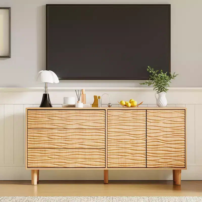COZONY 61 Mid-Century Modern Sideboard Buffet, Natural Wood Cabinet with 3 Drawers & 2 Doors, Undulating Groove Design with Adjustable Shelf