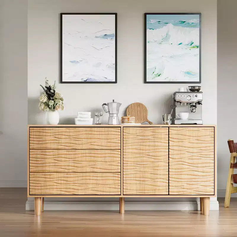 COZONY 61 Mid-Century Modern Sideboard Buffet, Natural Wood Cabinet with 3 Drawers & 2 Doors, Undulating Groove Design with Adjustable Shelf