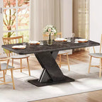 Zevemomo Expandable Dining Table,4-8Farmhouse Kitchen Table, 55-70.87Wood Dining Table with X-Shaped Base,with Metal Track for Dining Room,-Marble