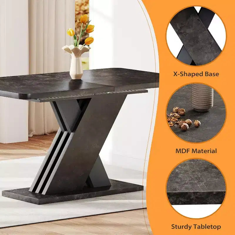Table à manger extensible Zevemomo, Table de cuisine de ferme 4 à 8 places, Table à manger en bois 140-180 cm avec piètement en X, avec rail métallique pour salle à manger, -Marbre