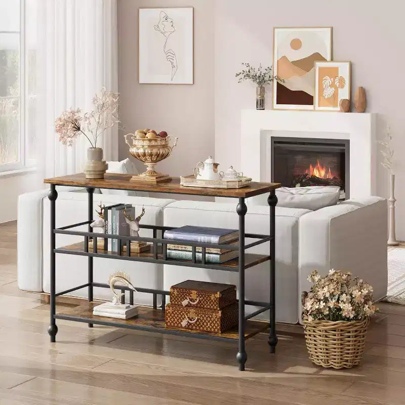 43 Industrial Console Table with 3 Tiers, Narrow Entryway and Sofa Table with Shelves, Space-Saving Design for Hallway, Living Room, Small Areas