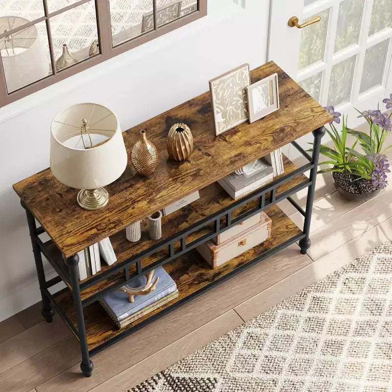 43 Industrial Console Table with 3 Tiers, Narrow Entryway and Sofa Table with Shelves, Space-Saving Design for Hallway, Living Room, Small Areas
