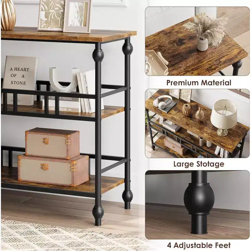43 Industrial Console Table with 3 Tiers, Narrow Entryway and Sofa Table with Shelves, Space-Saving Design for Hallway, Living Room, Small Areas