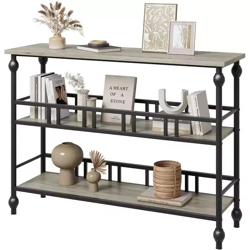 43 Industrial Console Table with 3 Tiers, Narrow Entryway and Sofa Table with Shelves, Space-Saving Design for Hallway, Living Room, Small Areas