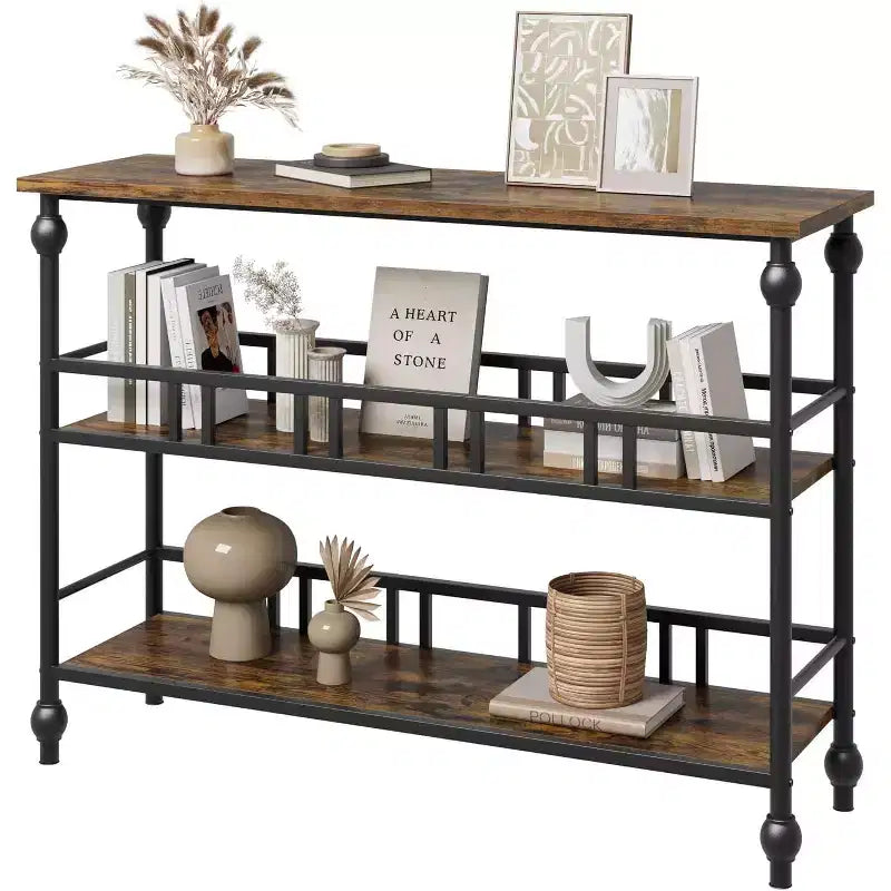 43 Industrial Console Table with 3 Tiers, Narrow Entryway and Sofa Table with Shelves, Space-Saving Design for Hallway, Living Room, Small Areas