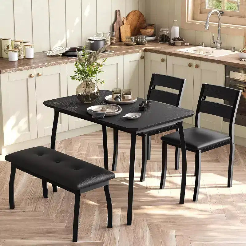 Ensemble de salle à manger 5 pièces en bois, banc rembourré et 2 chaises, ensemble de dînette peu encombrant pour studio, cuisine, salle à manger
