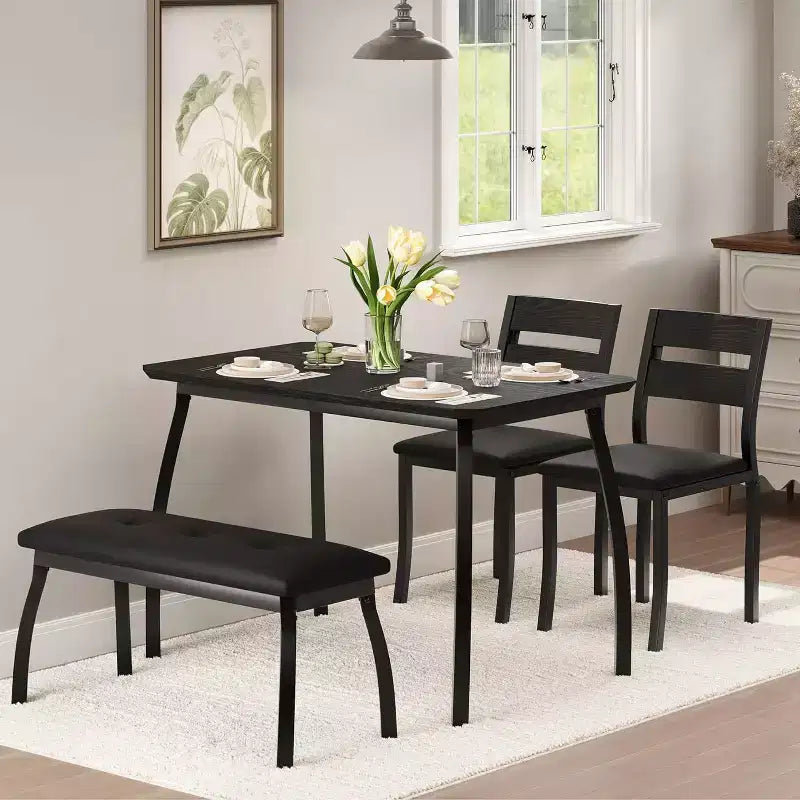 Ensemble de salle à manger 5 pièces en bois, banc rembourré et 2 chaises, ensemble de dînette peu encombrant pour studio, cuisine, salle à manger