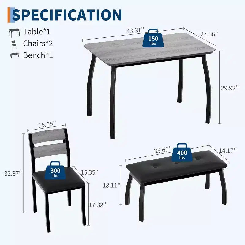 Ensemble de salle à manger 5 pièces en bois, banc rembourré et 2 chaises, ensemble de dînette peu encombrant pour studio, cuisine, salle à manger