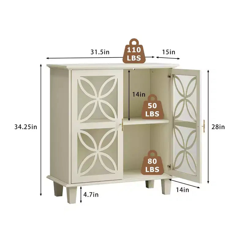 Homy Casa Meuble de Rangement avec Portes en Verre Décoratif et Étagère Réglable, Crème