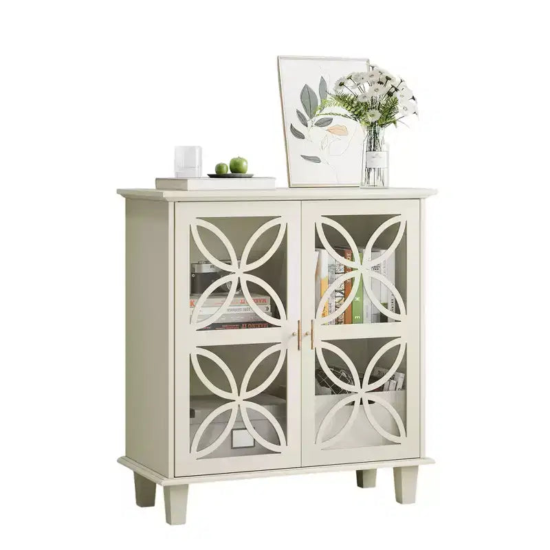 Homy Casa Meuble de Rangement avec Portes en Verre Décoratif et Étagère Réglable, Crème