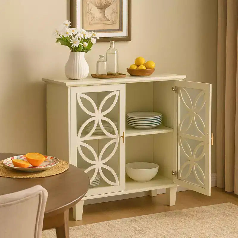Homy Casa Meuble de Rangement avec Portes en Verre Décoratif et Étagère Réglable, Crème