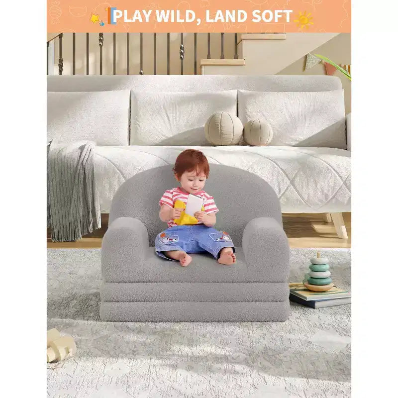Kids Sofa Chair, 2-in-1 Convertible Toddler Sofa Lounge Chair, Comfortable Folding Teddy Flannel Children's Sofa Bed, for Playroom, Bedroom, Nursery