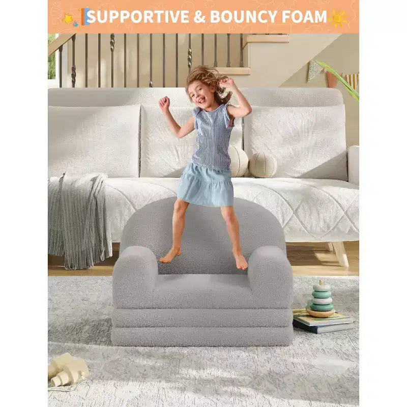 Kids Sofa Chair, 2-in-1 Convertible Toddler Sofa Lounge Chair, Comfortable Folding Teddy Flannel Children's Sofa Bed, for Playroom, Bedroom, Nursery