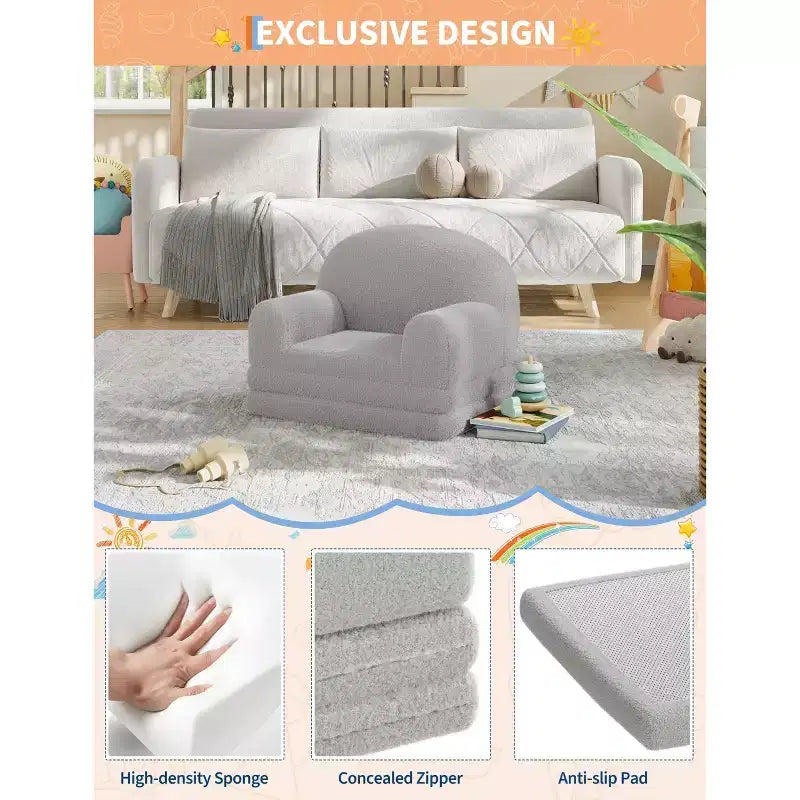 Kids Sofa Chair, 2-in-1 Convertible Toddler Sofa Lounge Chair, Comfortable Folding Teddy Flannel Children's Sofa Bed, for Playroom, Bedroom, Nursery