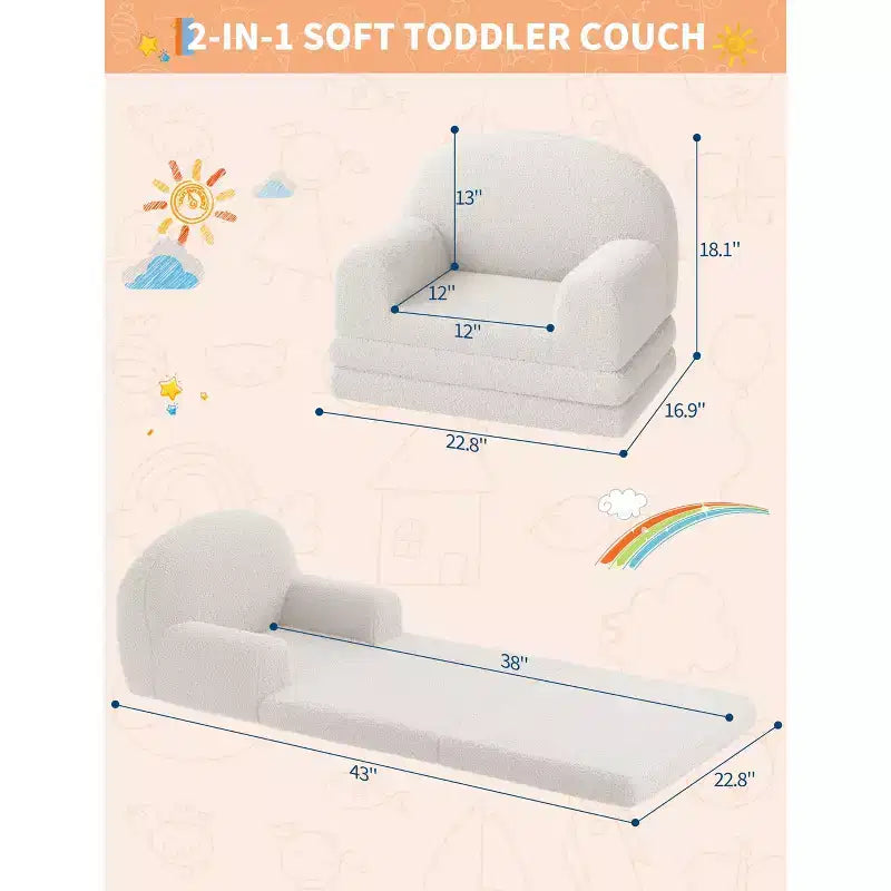 Kids Sofa Chair, 2-in-1 Convertible Toddler Sofa Lounge Chair, Comfortable Folding Teddy Flannel Children's Sofa Bed, for Playroom, Bedroom, Nursery