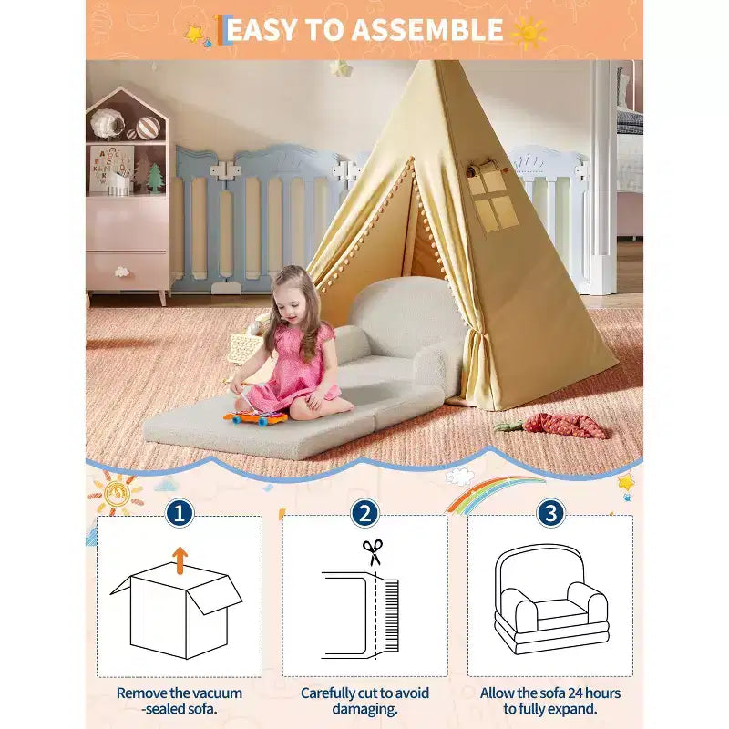 Kids Sofa Chair, 2-in-1 Convertible Toddler Sofa Lounge Chair, Comfortable Folding Teddy Flannel Children's Sofa Bed, for Playroom, Bedroom, Nursery