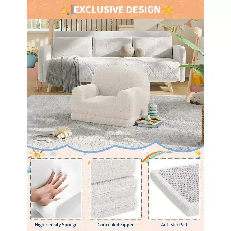 Kids Sofa Chair, 2-in-1 Convertible Toddler Sofa Lounge Chair, Comfortable Folding Teddy Flannel Children's Sofa Bed, for Playroom, Bedroom, Nursery
