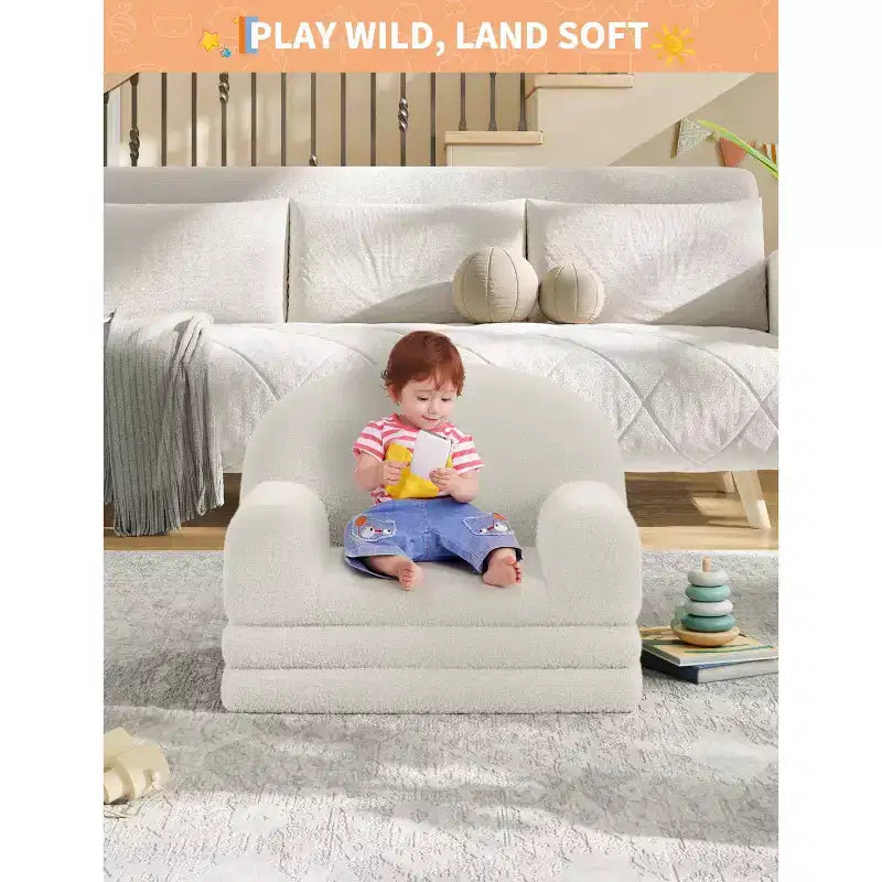 Kids Sofa Chair, 2-in-1 Convertible Toddler Sofa Lounge Chair, Comfortable Folding Teddy Flannel Children's Sofa Bed, for Playroom, Bedroom, Nursery