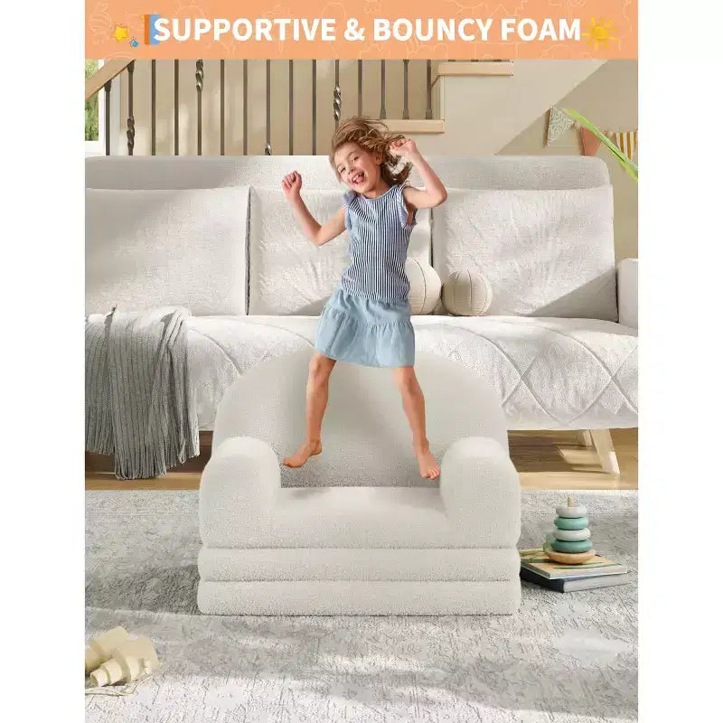 Kids Sofa Chair, 2-in-1 Convertible Toddler Sofa Lounge Chair, Comfortable Folding Teddy Flannel Children's Sofa Bed, for Playroom, Bedroom, Nursery