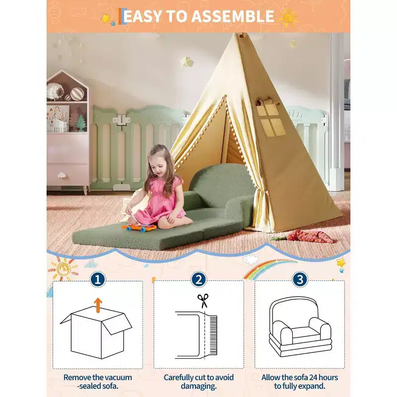 Kids Sofa Chair, 2-in-1 Convertible Toddler Sofa Lounge Chair, Comfortable Folding Teddy Flannel Children's Sofa Bed, for Playroom, Bedroom, Nursery