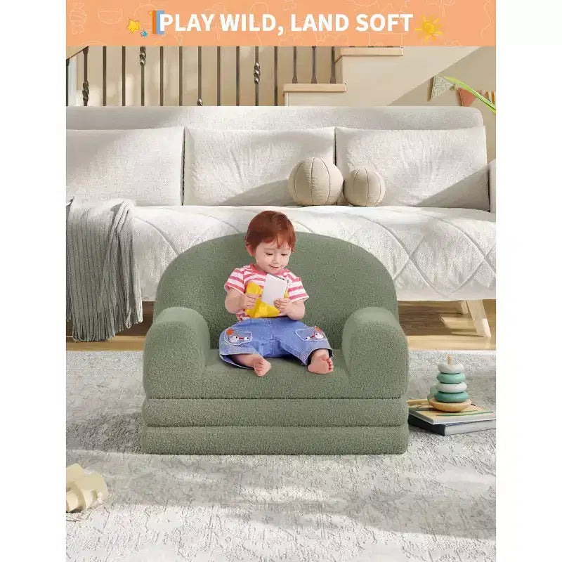 Kids Sofa Chair, 2-in-1 Convertible Toddler Sofa Lounge Chair, Comfortable Folding Teddy Flannel Children's Sofa Bed, for Playroom, Bedroom, Nursery
