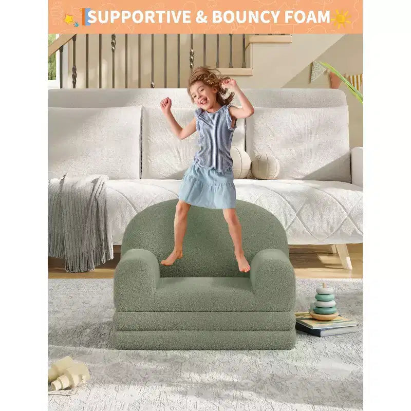 Kids Sofa Chair, 2-in-1 Convertible Toddler Sofa Lounge Chair, Comfortable Folding Teddy Flannel Children's Sofa Bed, for Playroom, Bedroom, Nursery