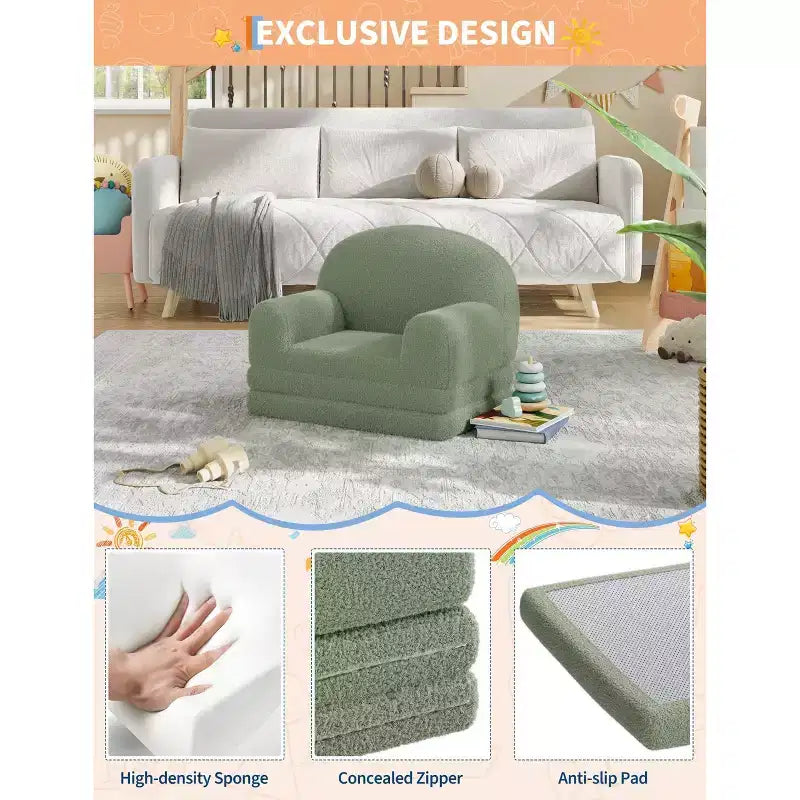 Kids Sofa Chair, 2-in-1 Convertible Toddler Sofa Lounge Chair, Comfortable Folding Teddy Flannel Children's Sofa Bed, for Playroom, Bedroom, Nursery
