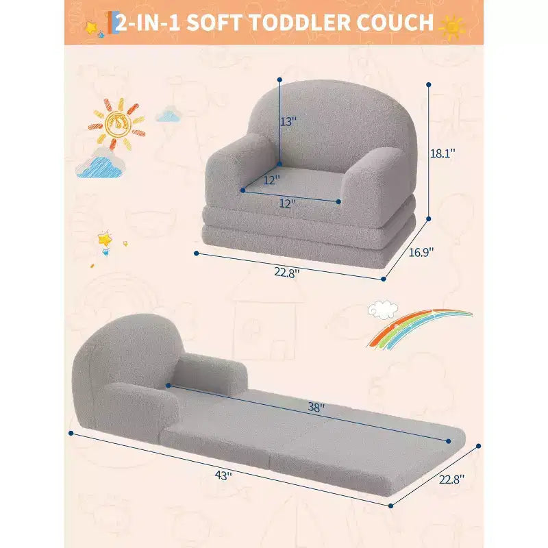 Kids Sofa Chair, 2-in-1 Convertible Toddler Sofa Lounge Chair, Comfortable Folding Teddy Flannel Children's Sofa Bed, for Playroom, Bedroom, Nursery