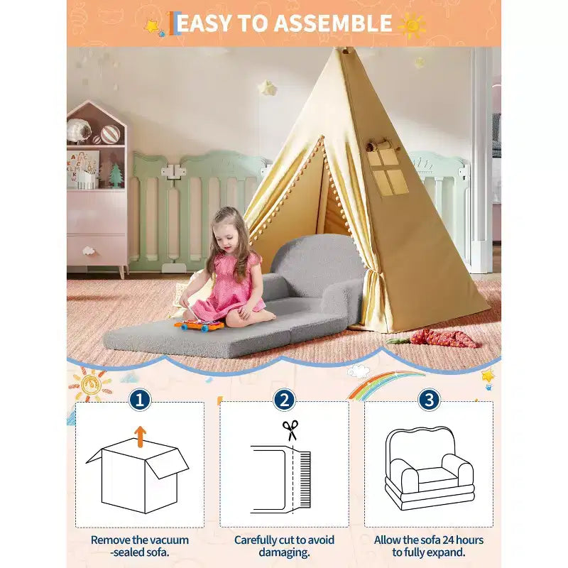 Kids Sofa Chair, 2-in-1 Convertible Toddler Sofa Lounge Chair, Comfortable Folding Teddy Flannel Children's Sofa Bed, for Playroom, Bedroom, Nursery