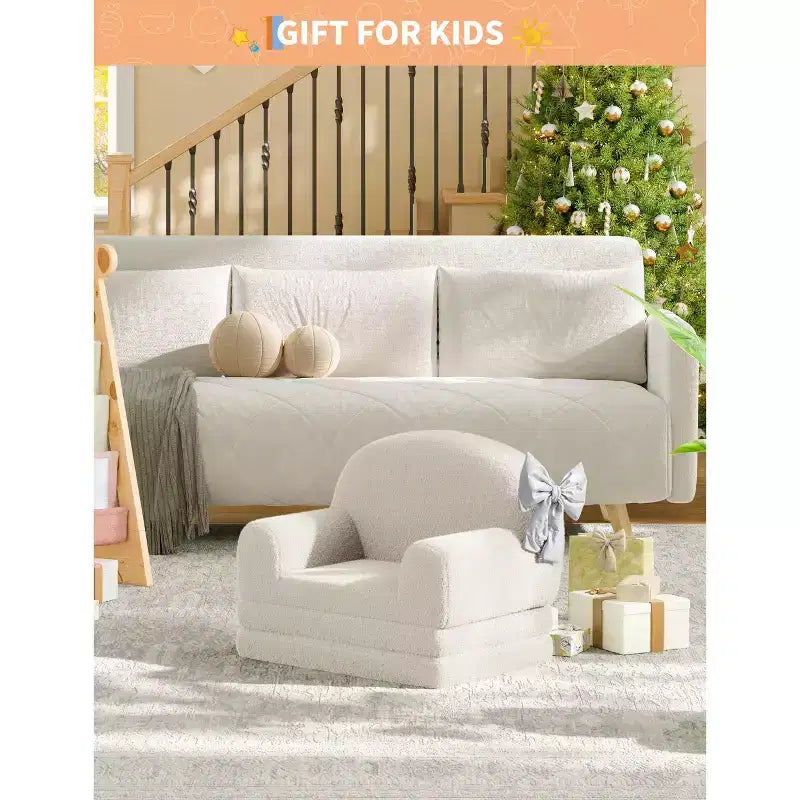 Kids Sofa Chair, 2-in-1 Convertible Toddler Sofa Lounge Chair, Comfortable Folding Teddy Flannel Children's Sofa Bed, for Playroom, Bedroom, Nursery